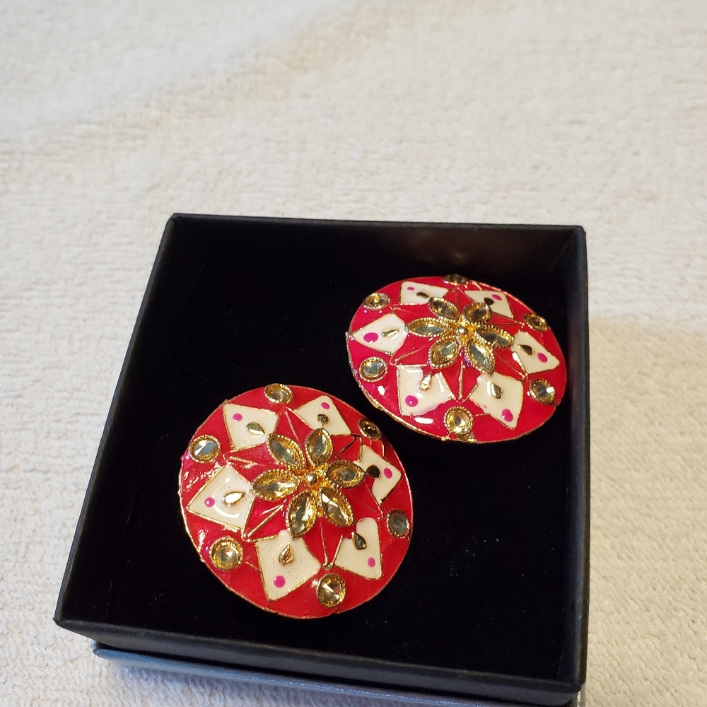Metal Enamel earrings 1.25" wide from India